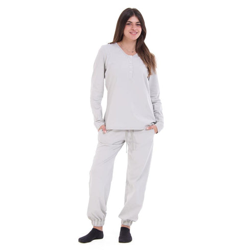 Women Fall Pajama Set Light Grey buttoned sweatshirt + pants